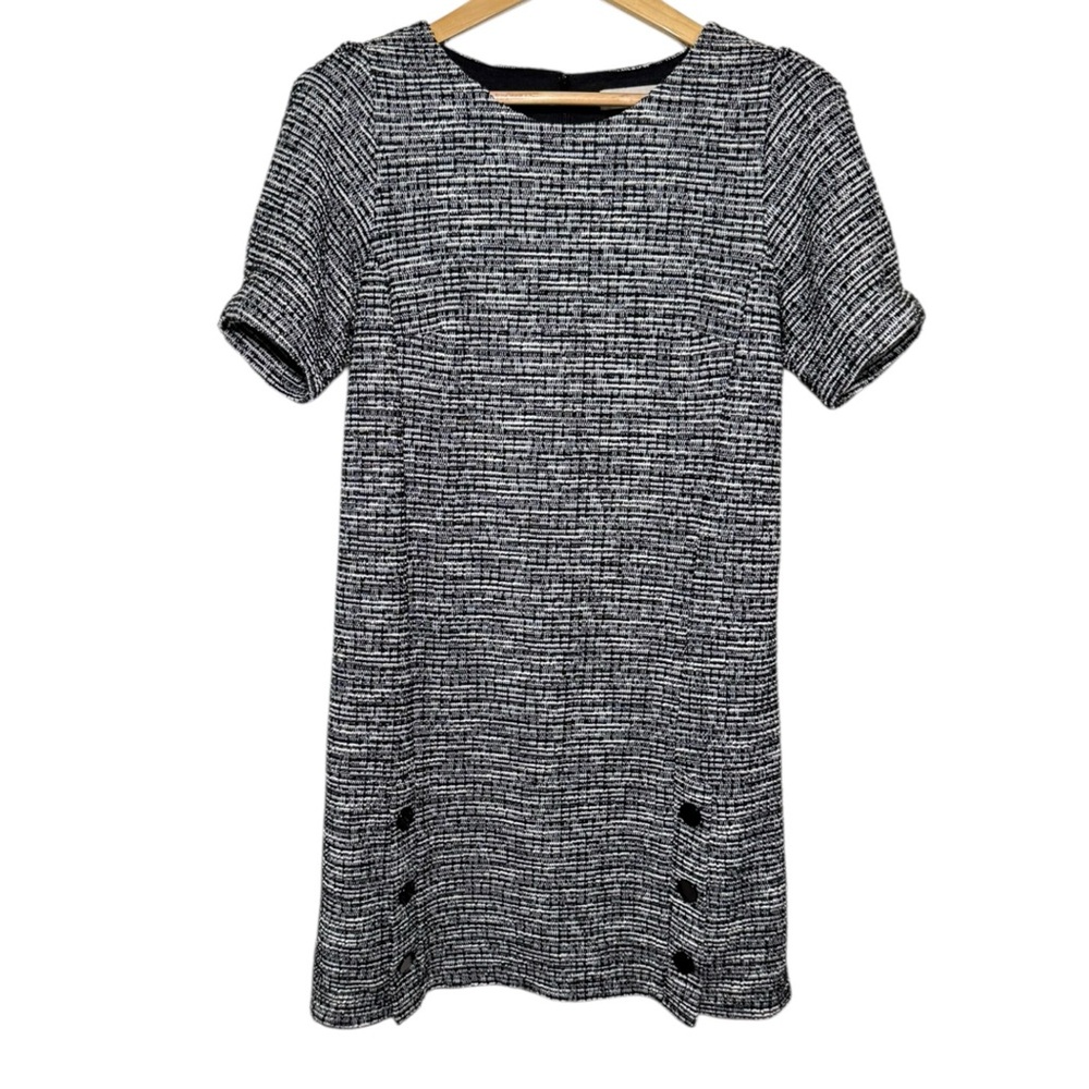 LOFT Tweed Button Shift Dress Black White Detail Short Sleeve Classic 6 - Picture 2 of 9